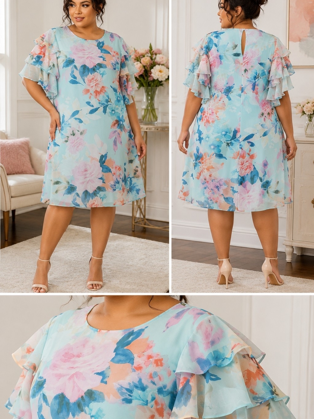 Calvin Klein Plus Size 16W Watercolor Floral Dress Flutter Sleeve NWT